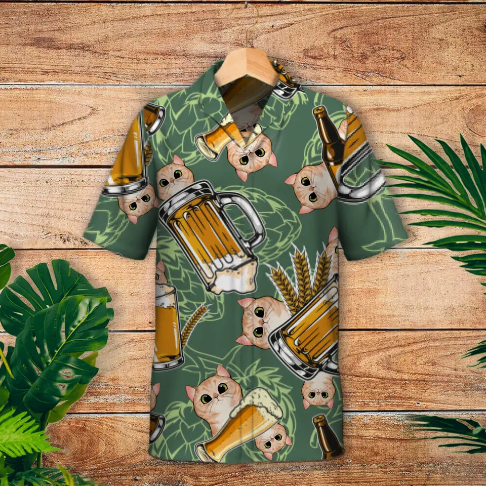 Bière avec les chats curieux - Chemise hawaïenne personnalisée