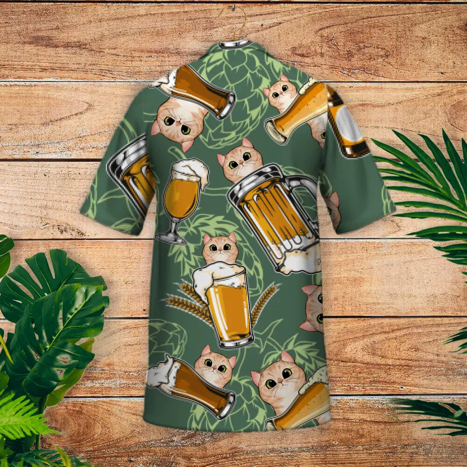 Bière avec les chats curieux - Chemise hawaïenne personnalisée