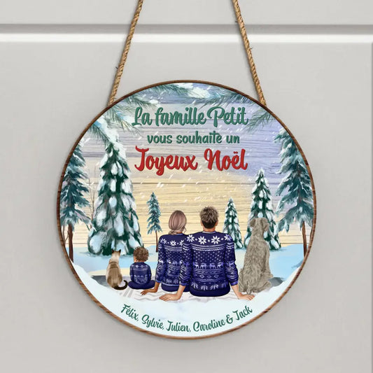 Famille dans la forêt d’hiver - Plaque décorative en bois personnalisée