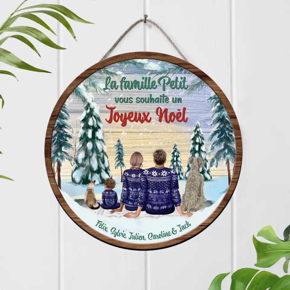 Famille dans la forêt d’hiver - Plaque décorative en bois personnalisée