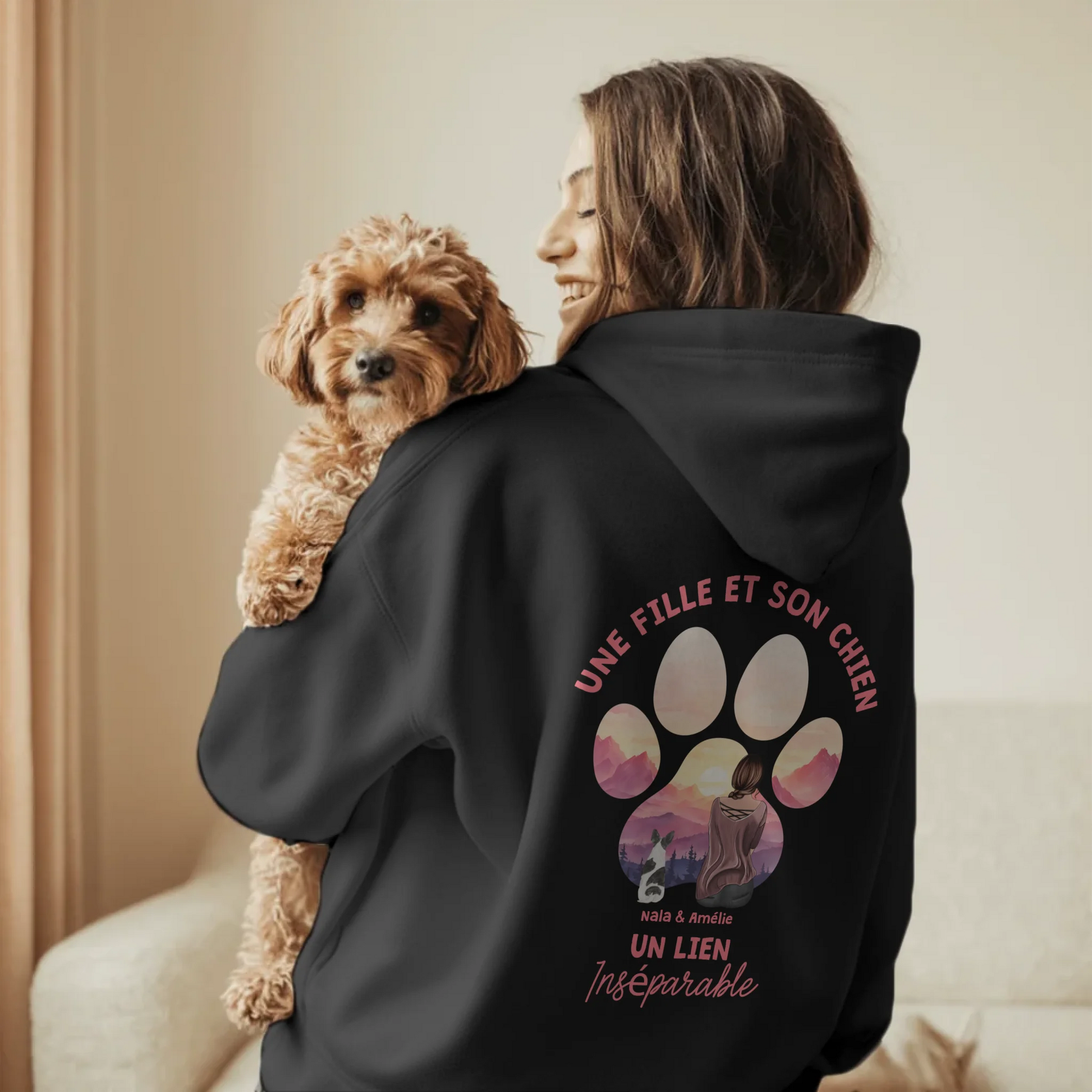 Woman in Living Room Holding Dog - Black