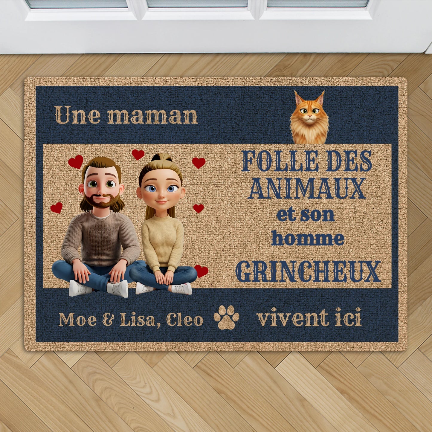Une folle des animaux et son homme - Paillasson personnalisé