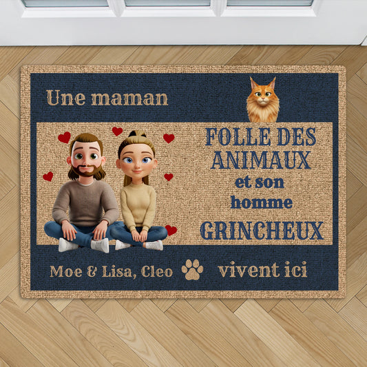 Une folle des animaux et son homme - Paillasson personnalisé