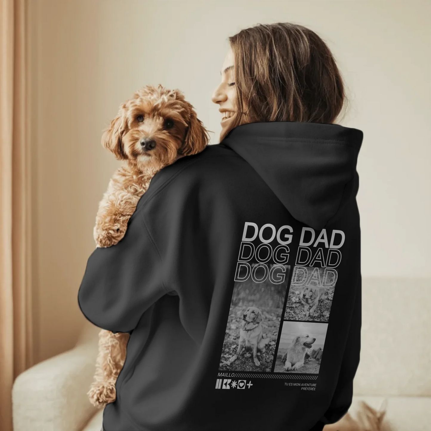 Woman in Living Room Holding Dog - Black